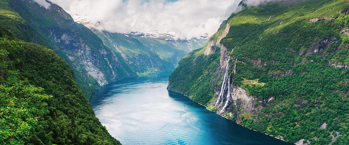 A view of the Seven Sisters waterfall in Geiranger, Norway